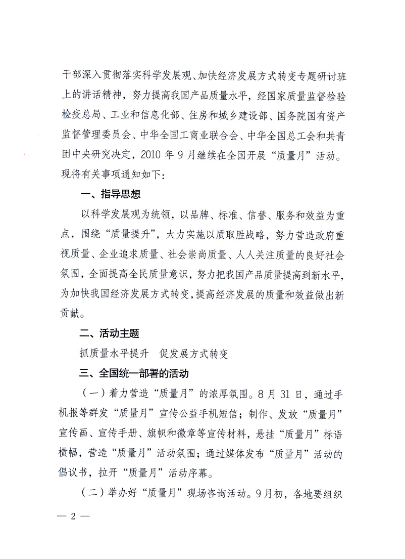 國(guó)家質(zhì)量監(jiān)督檢驗(yàn)檢疫總局、工業(yè)和信息化部、住房和城鄉(xiāng)建設(shè)部、國(guó)務(wù)院國(guó)有資產(chǎn)監(jiān)督管理委員會(huì)、中華全國(guó)工商業(yè)聯(lián)合會(huì)、中華全國(guó)總工會(huì)、共青團(tuán)中央《關(guān)于開展2010年全國(guó)“質(zhì)量月”活動(dòng)的通知》